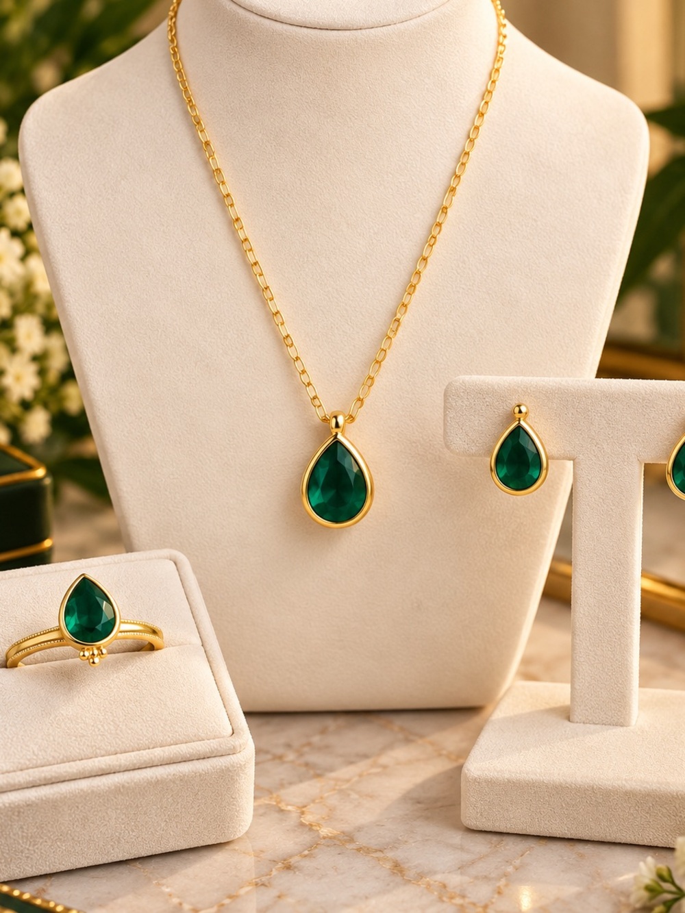 18K Gold Filled Emerald Necklace 18-20", Earrings & Ring Set Sz 8